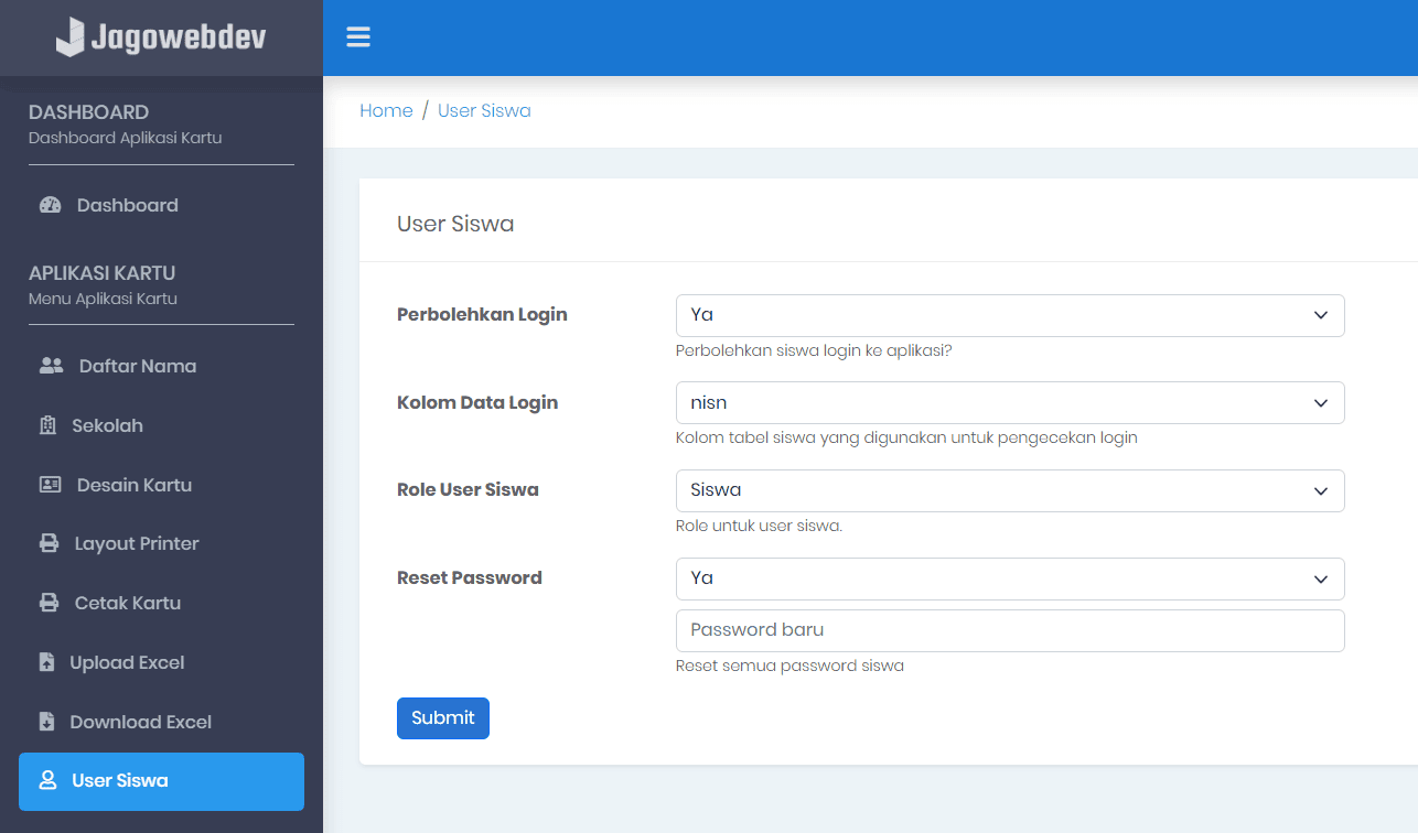 Halaman Pengaturan Login Bagi Siswa